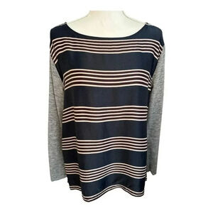 Loft Women’s Small Gray & Navy Striped Long‎ Sleeve Boat Neck Mixed Textile Top